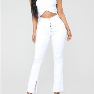 White Flare Ankle Slit Jeans with Button Closure